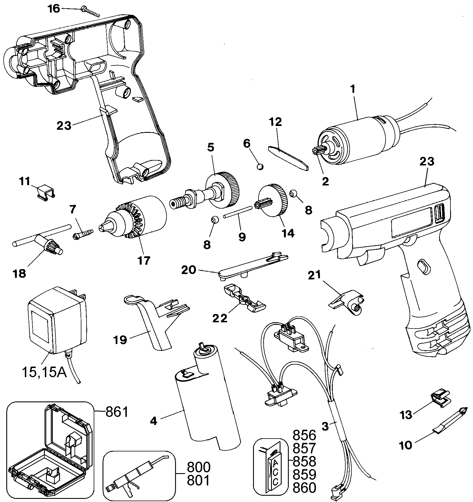 Default Diagram and Parts List for 9049K Type 1 Black and Decker Boring Machine
